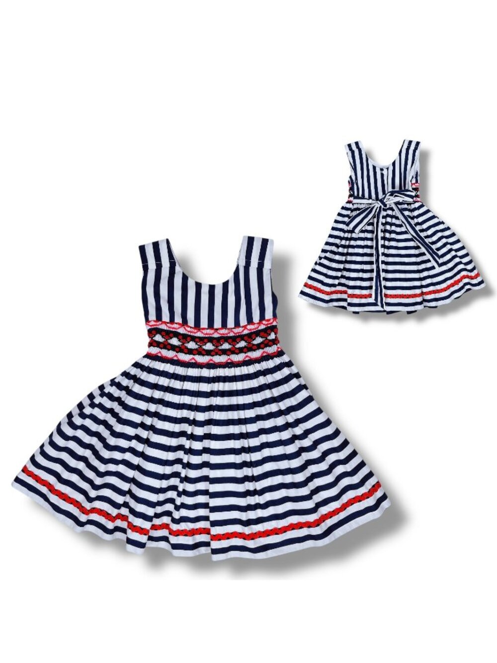 Girls Nautical Navy White Striped Sleeveless Back Tie Bow Smocked Dress 2T